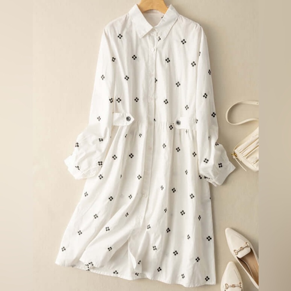 ❤️Jolly Linen NWOT Embroidery Button Down  Long Sleeve Shirt Dress in White